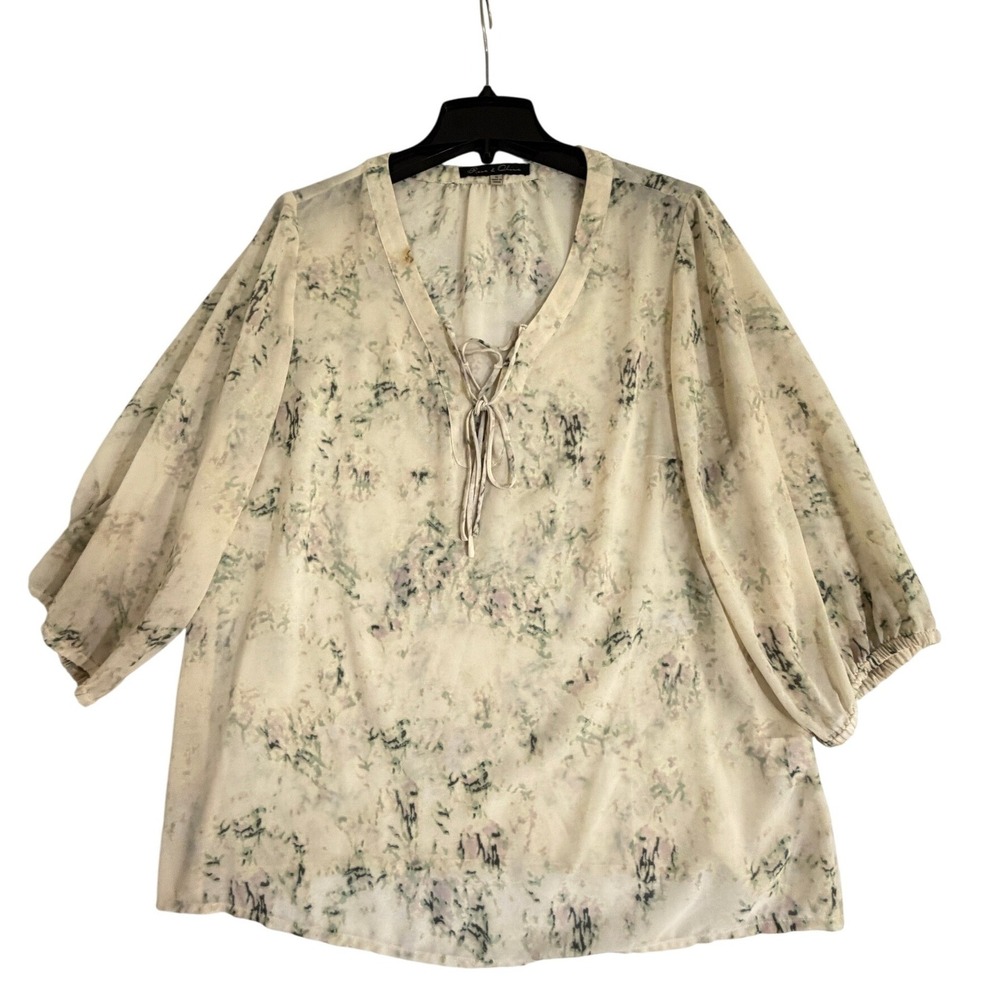 Floral Print Lace Up V Neck‎ 3/4 Sleeve Sheer Blouse Top 1X Fairy Whimsy Boho